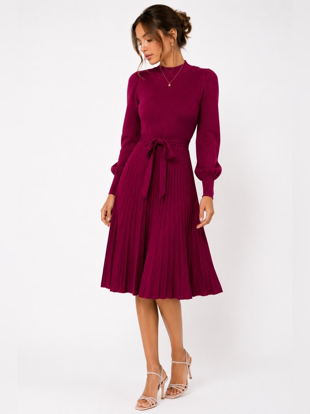Women's Nina Leonard Balloon Sleeve Pleated Midi Sweater Dress